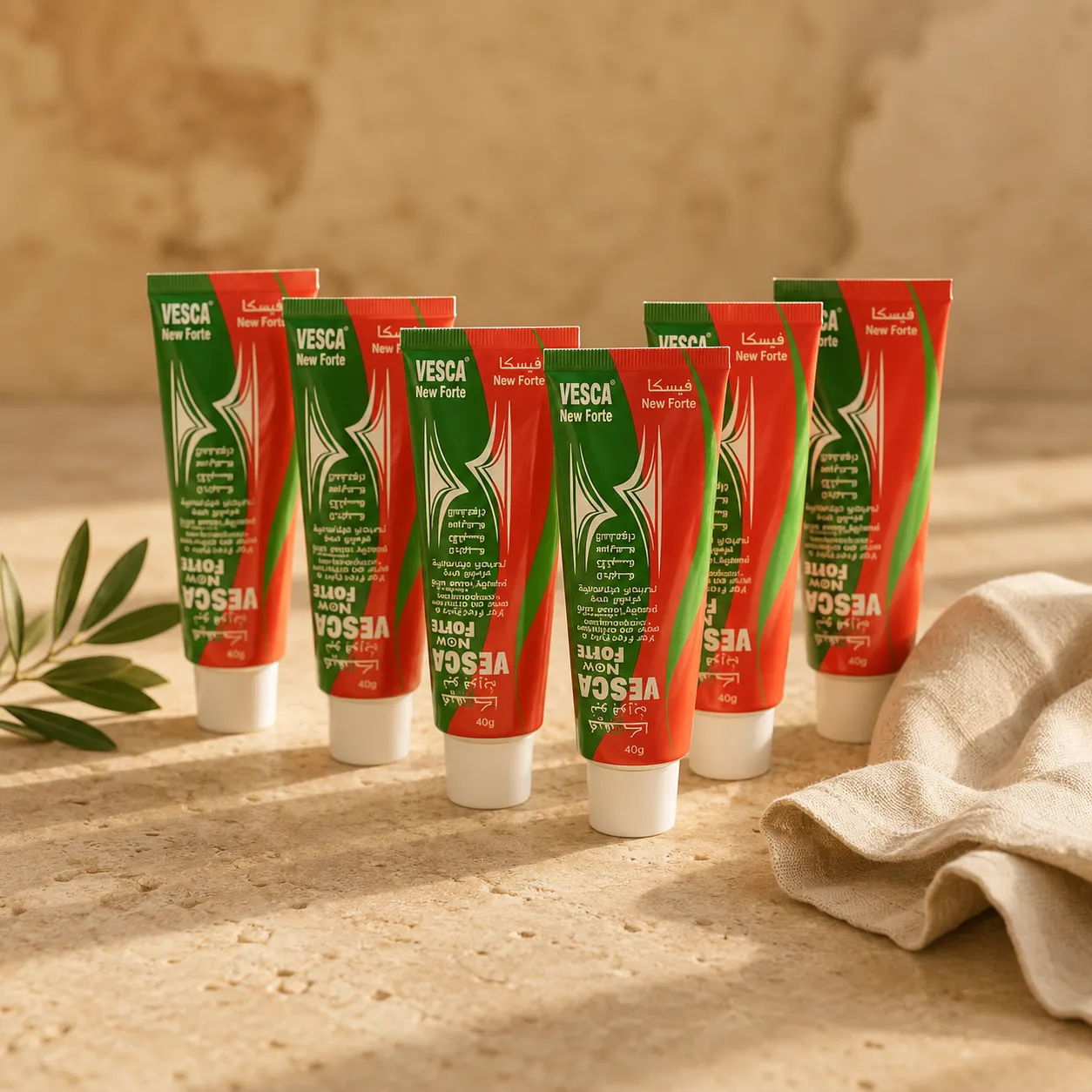 1-vesca-new-forte-cream-40g-six-pack-hero VESCA New Forte Cream 6 Pack Bundle arranged on natural limestone with soft daylight and minimal luxury styling by DARLEVANT