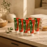 VESCA New Forte Cream 6 Pack Bundle displayed in a premium modern bathroom with warm natural materials and elegant skincare styling