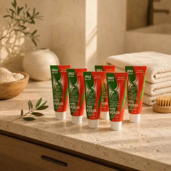 VESCA New Forte Cream 6 Pack Bundle displayed in a premium modern bathroom with warm natural materials and elegant skincare styling