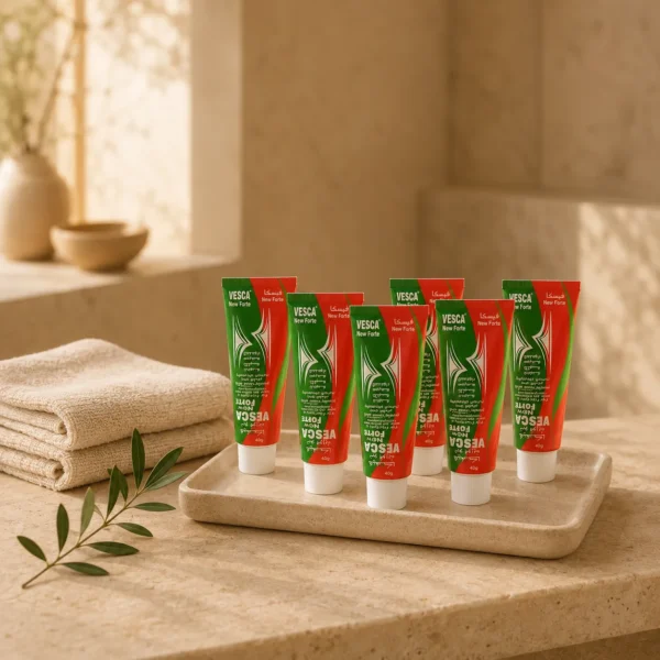 VESCA New Forte Cream 6 Pack Bundle featured in a refined luxury skincare ritual with ceramic tray, premium towel and warm natural stone